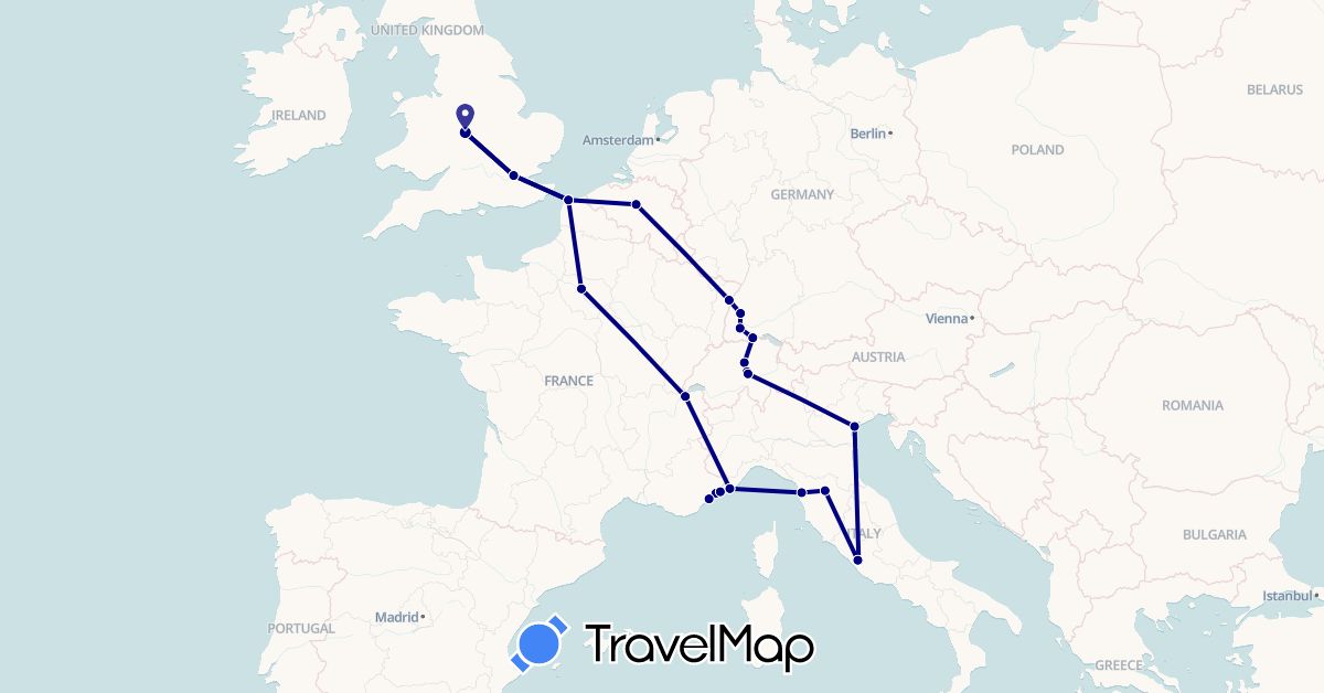 TravelMap itinerary: driving in Belgium, Switzerland, Germany, France, United Kingdom, Italy, Monaco, Vatican City (Europe)